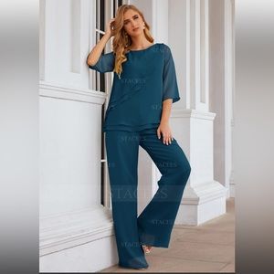 Stacee’s Pantsuit 3/4 Sleeve Chiffon Long With Cascading Ruffles